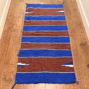 Vintage Mexican Saddle Blanket 60x28 Saltillo Serape Blue Brown Boho Rug Acrylic